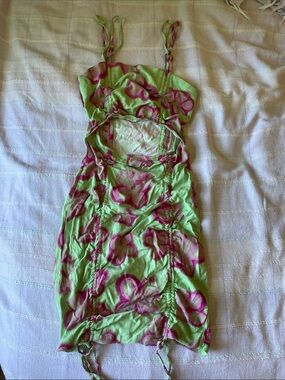Green and Pink Floral Ruched Bodycon Dress